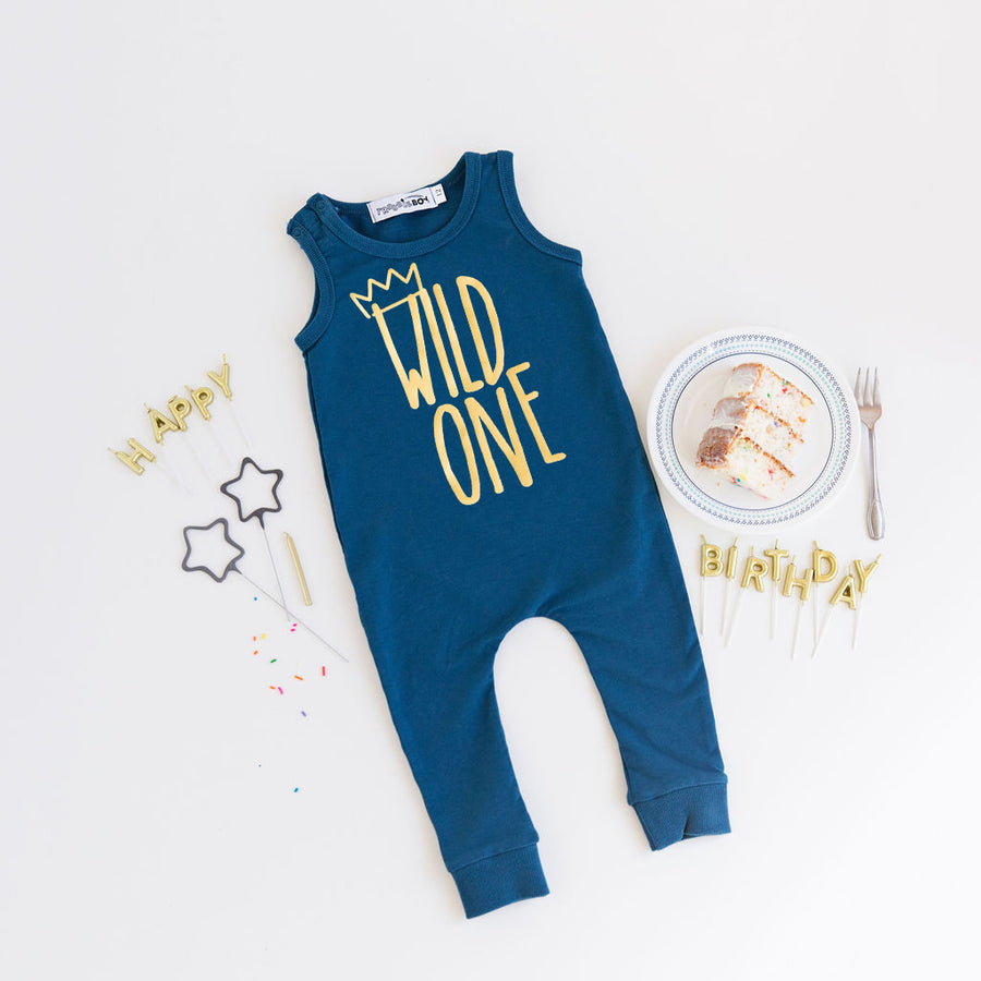 "Wild One" Slim Fit First Birthday Romper with Gold Writing