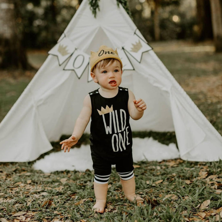 Wild One First Birthday Romper with Striped Cuff