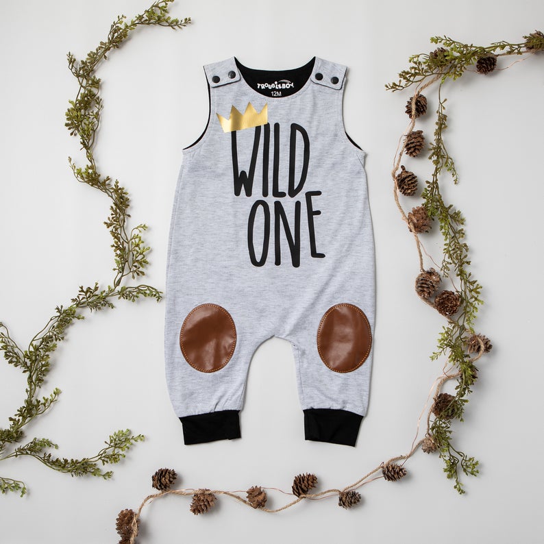 "Wild One" First Birthday Romper with Knee Patch, 12 month-VIP