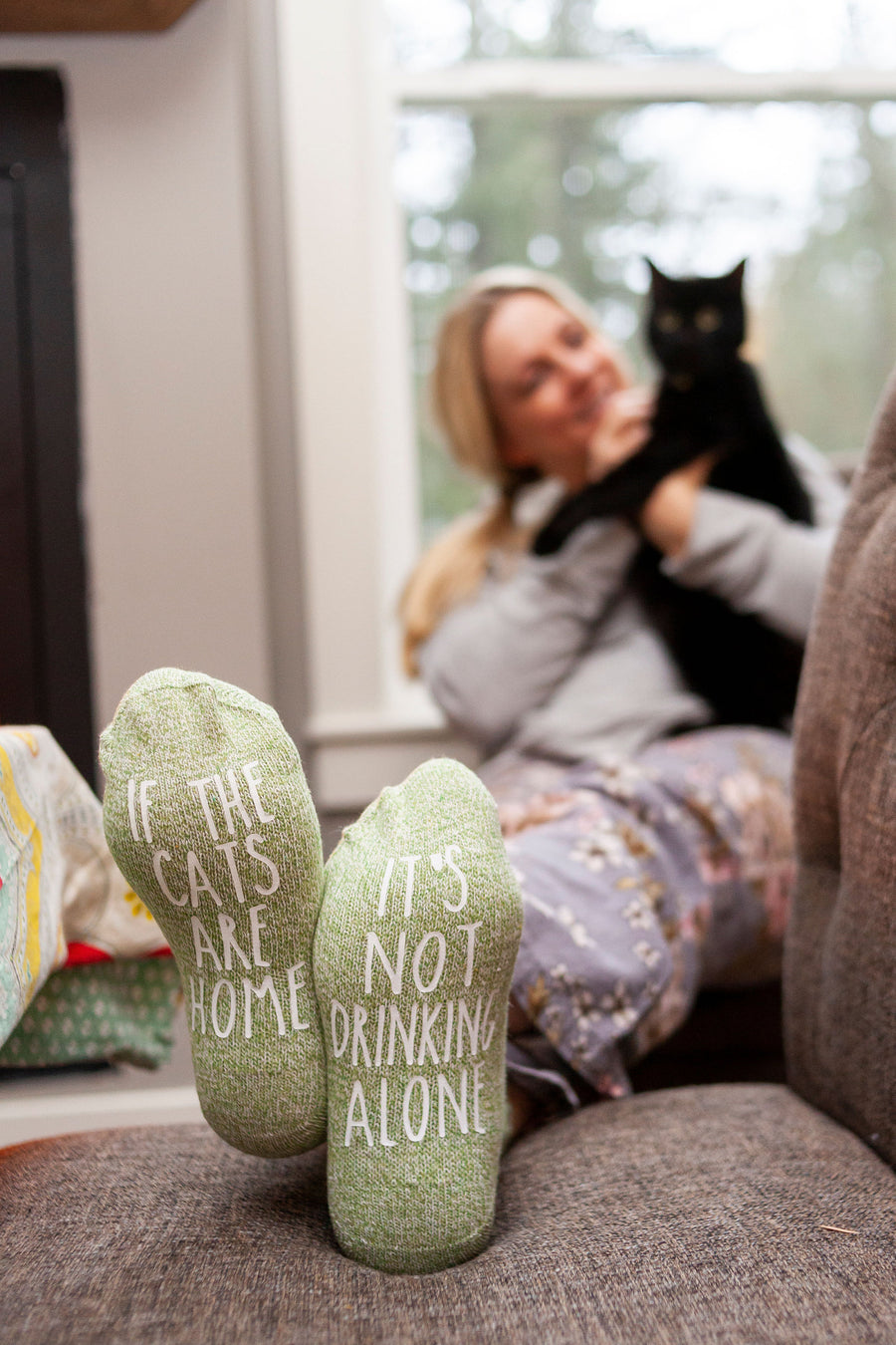 "It's Not Drinking Alone...If The Cats Are Home" Socks Women's Cat Lovers Gift