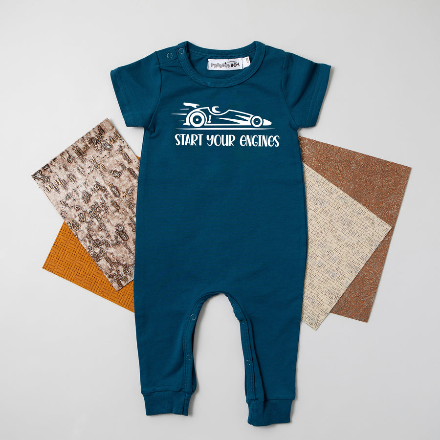 White "Start Your Engines" Slim Fit First Birthday Romper