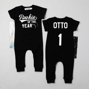 "Rookie of the Year" Baseball Slim Fit 1st Birthday Romper