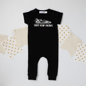 White "Start Your Engines" Slim Fit First Birthday Romper