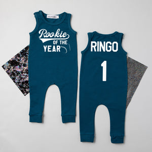 "Rookie of the Year" Baseball Slim Fit First Birthday Sleeveless Romper
