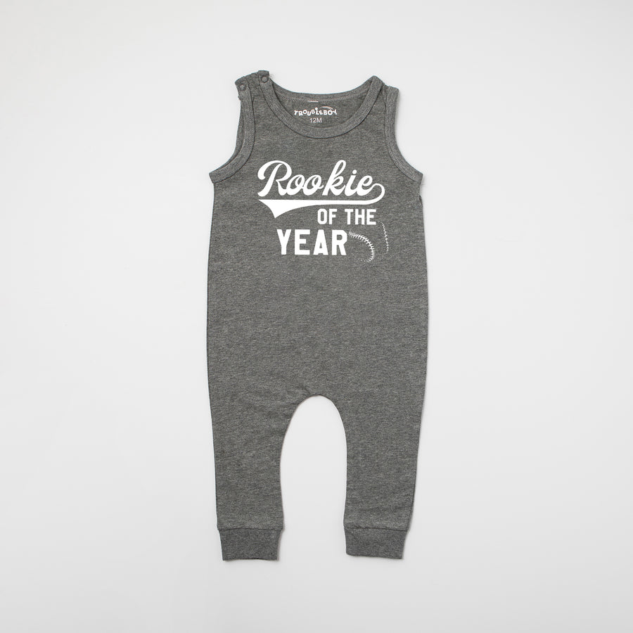 "Rookie of the Year" Baseball Slim Fit First Birthday Sleeveless Romper