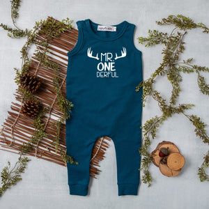 Aegean Blue "Mr. Onederful" Antler Slim Fit First Birthday Romper