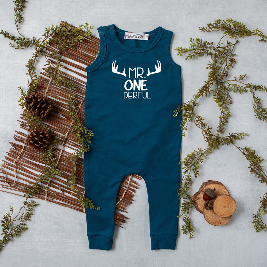 Aegean Blue "Mr. Onederful" Antler Slim Fit First Birthday Romper