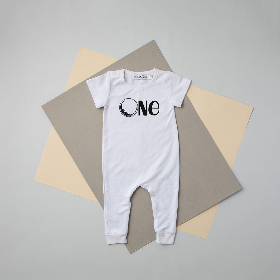 Black "One" Moon Slim Fit Space Themed 1st Birthday Romper