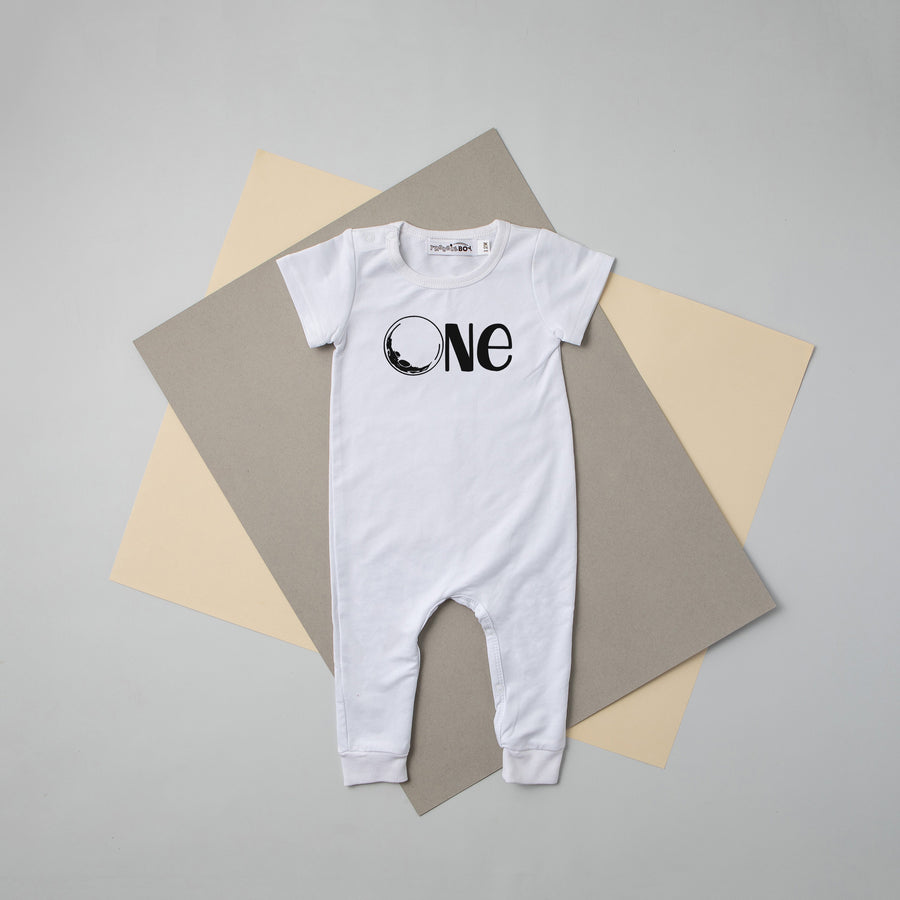 Gray "One" Moon Slim Fit Space Themed 1st Birthday Romper