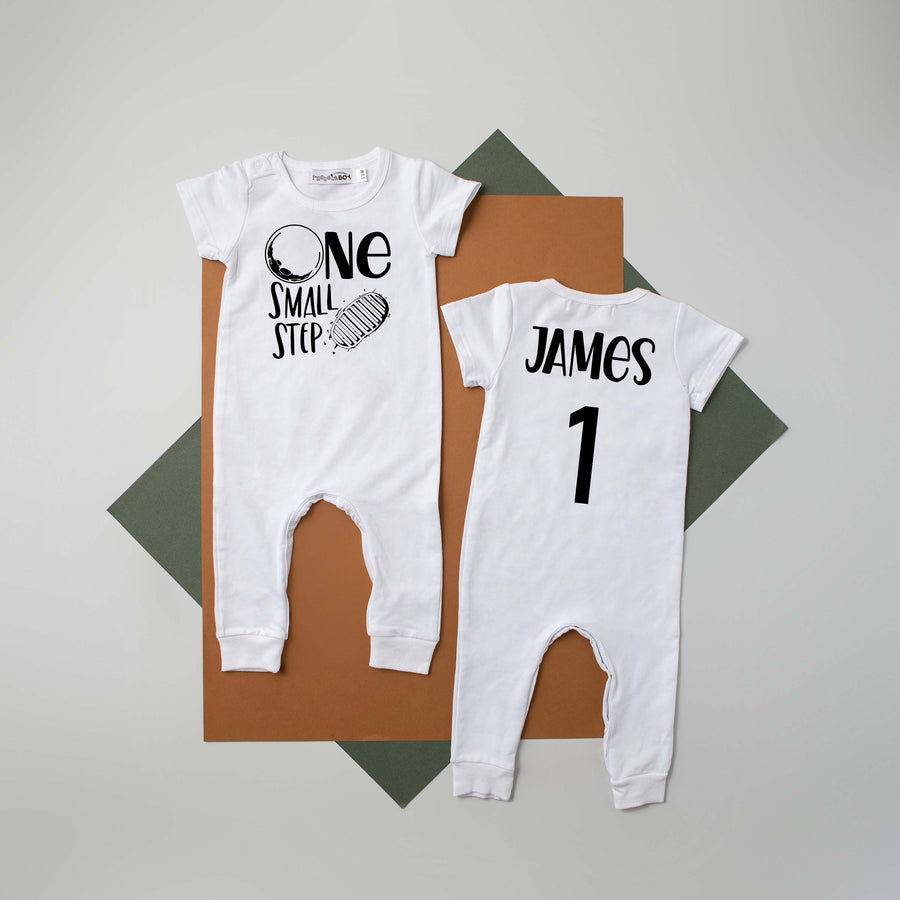 Black "One Small Step" Slim Fit Space Themed 1st Birthday Romper