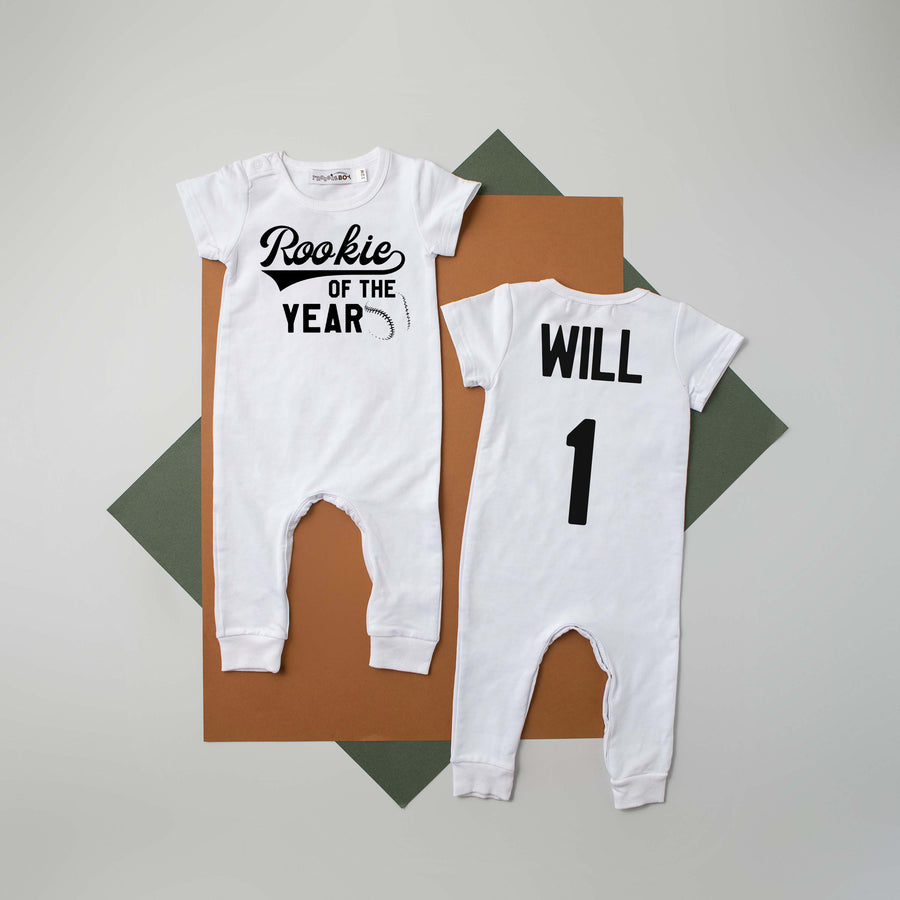 "Rookie of the Year" Baseball Slim Fit 1st Birthday Romper