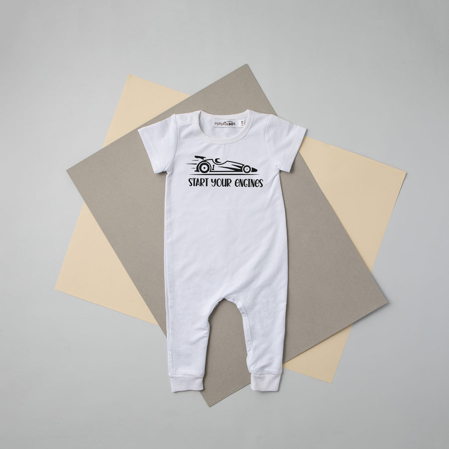 White "Start Your Engines" Slim Fit First Birthday Romper