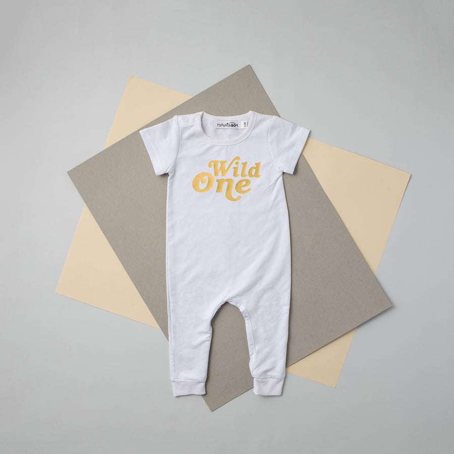 Aegean Blue "Wild One" Retro Slim Fit First Birthday Romper with Gold Writing