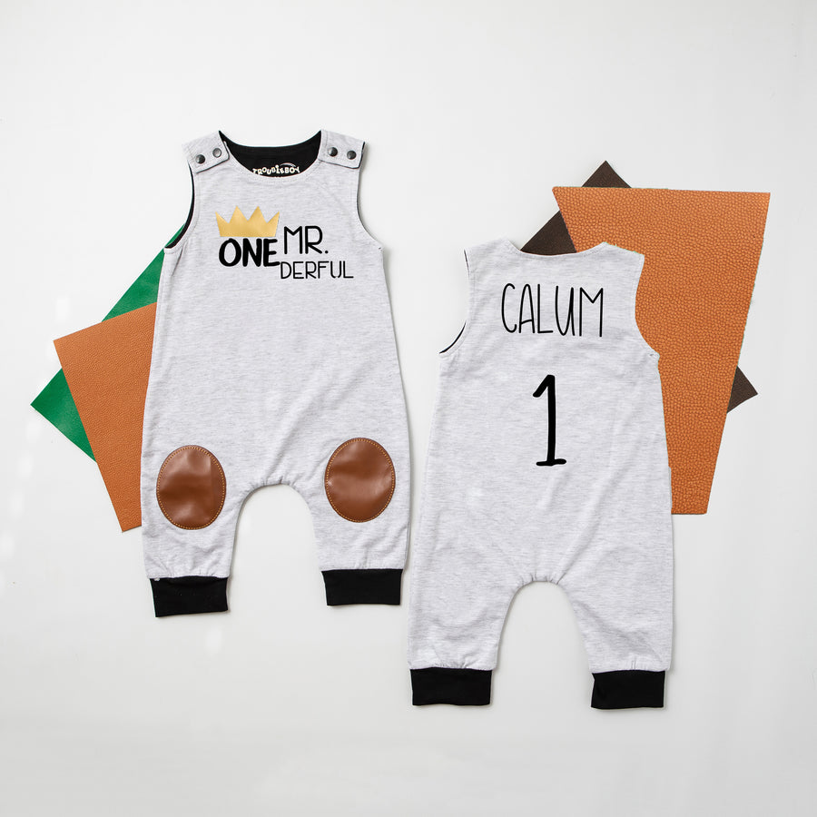 "Mr. Onederful" First Birthday Romper with Knee Patches