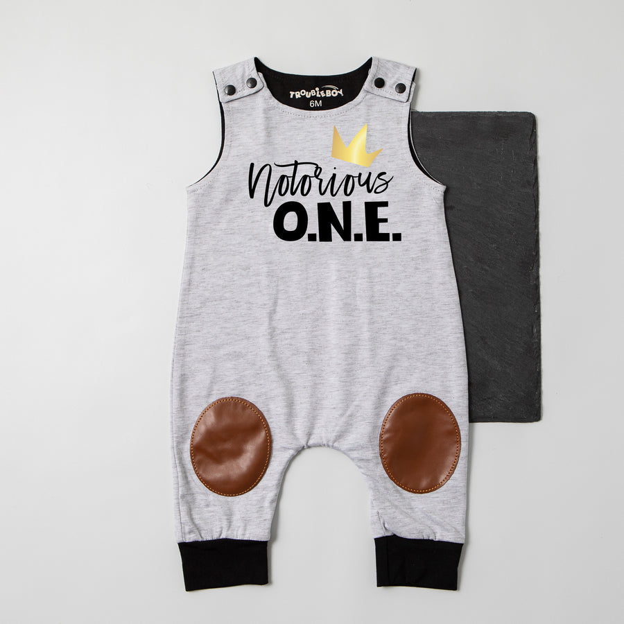 "Notorious One" First Birthday Romper with Knee Patches