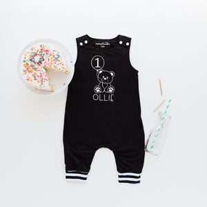 Teddy Bear First Birthday Romper with Striped Cuff