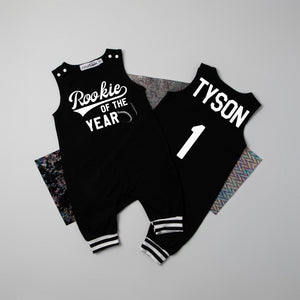 "Rookie of the Year" First Birthday Romper with Striped Cuff