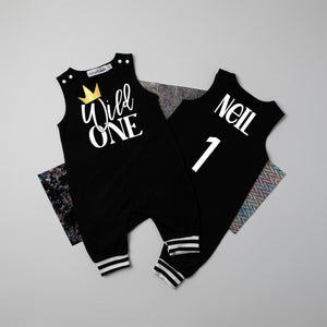 New Gray "Wild One" First Birthday Romper with Striped Cuff