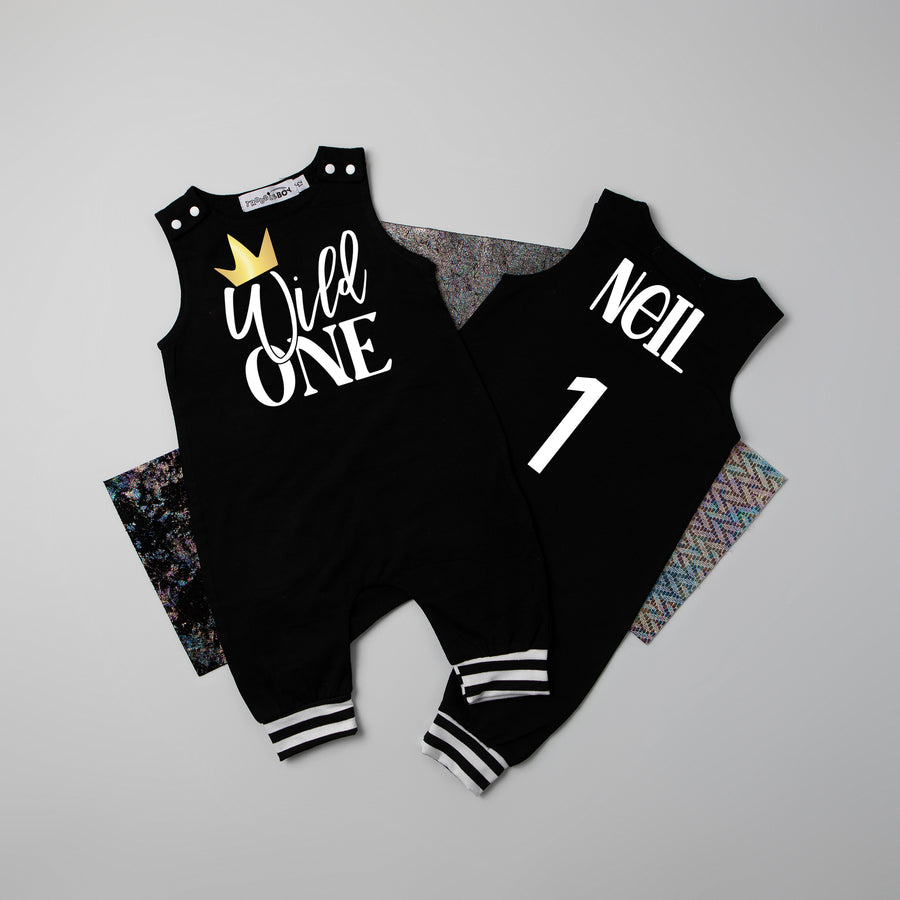 New Black "Wild One" 1st Birthday Romper with Striped Cuff