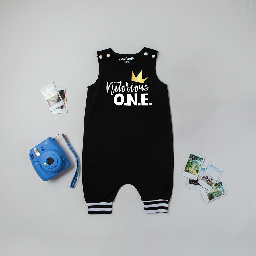 "Notorious One" First Birthday Personalized Romper with Striped Cuff
