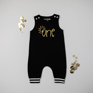 "One" Sun First Birthday Personalized Romper with Striped Cuff