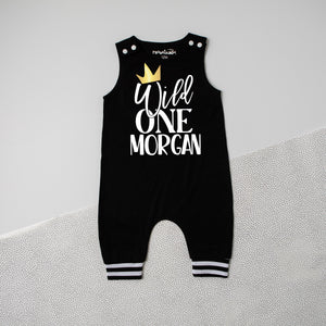 New Black "Wild One" 1st Birthday Romper with Striped Cuff