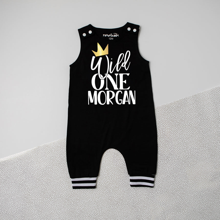 New Gray "Wild One" First Birthday Romper with Striped Cuff