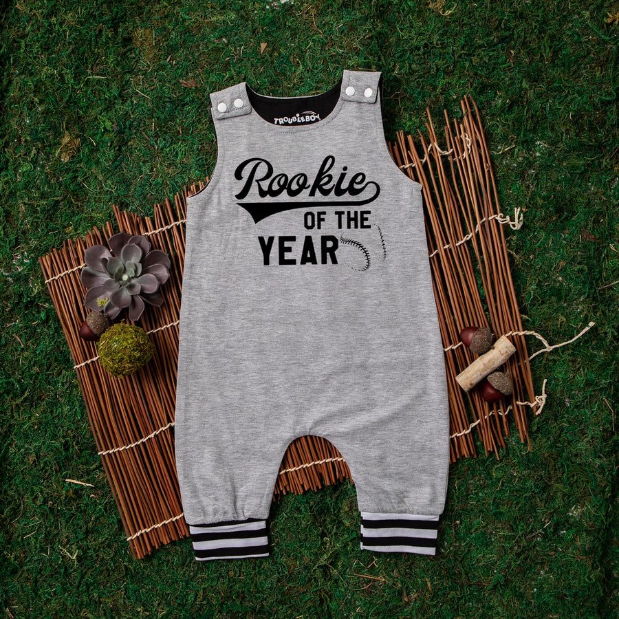 Gray "Rookie of the Year" First Birthday Romper with Striped Cuff