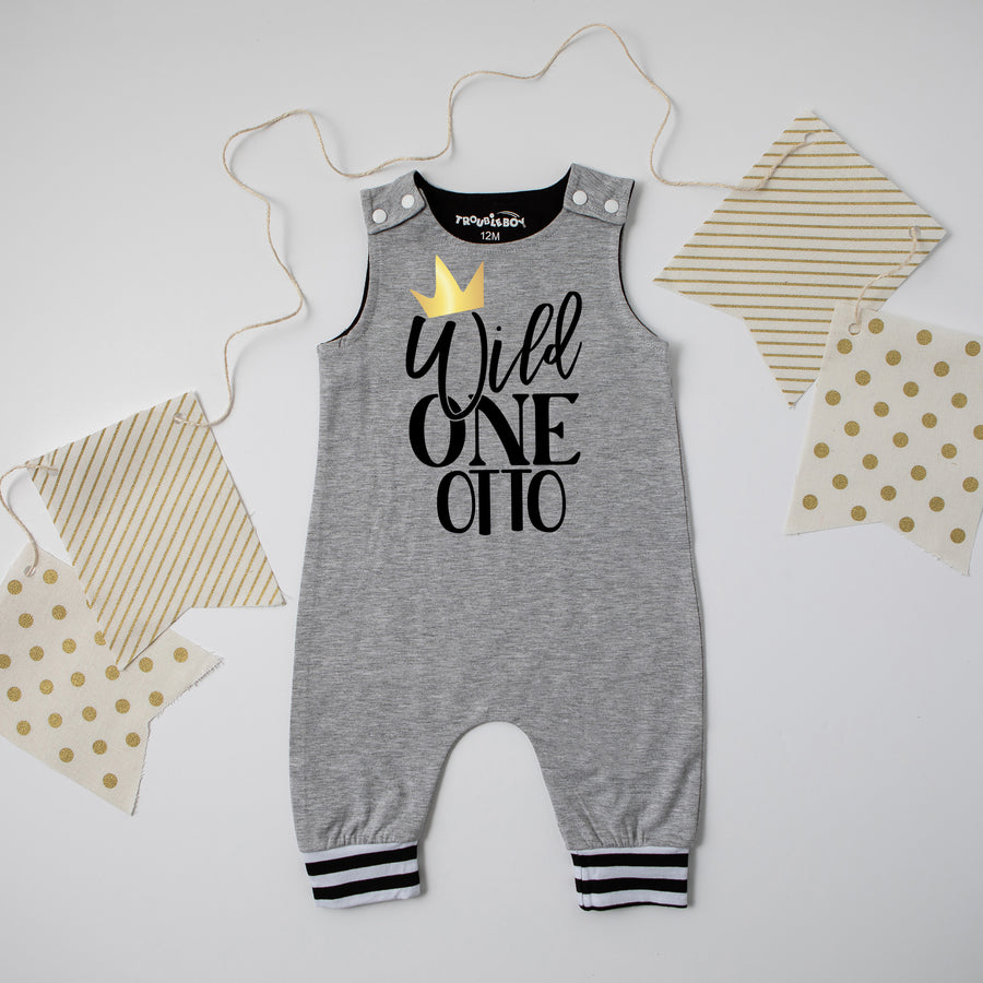New Gray "Wild One" First Birthday Romper with Striped Cuff