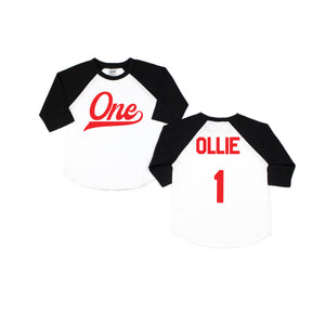 "One" Red Logo 1st Birthday Baseball Raglan