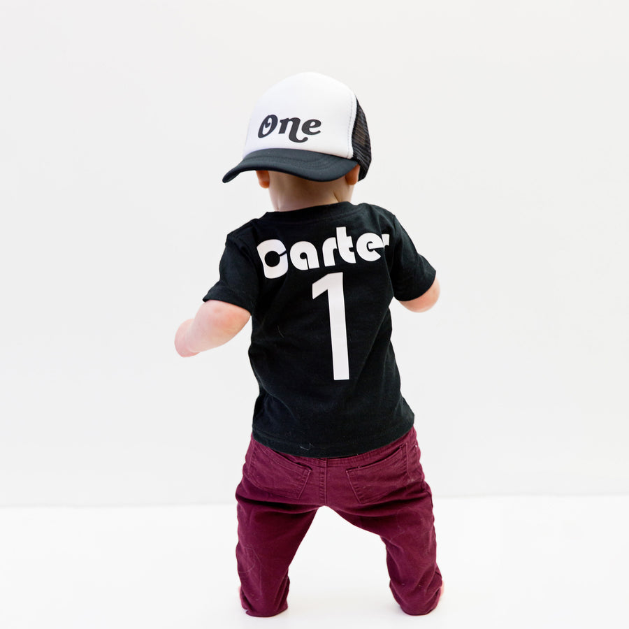 "One" 1st Birthday Personalized Outfit | Retro T-Shirt & Trucker Hat