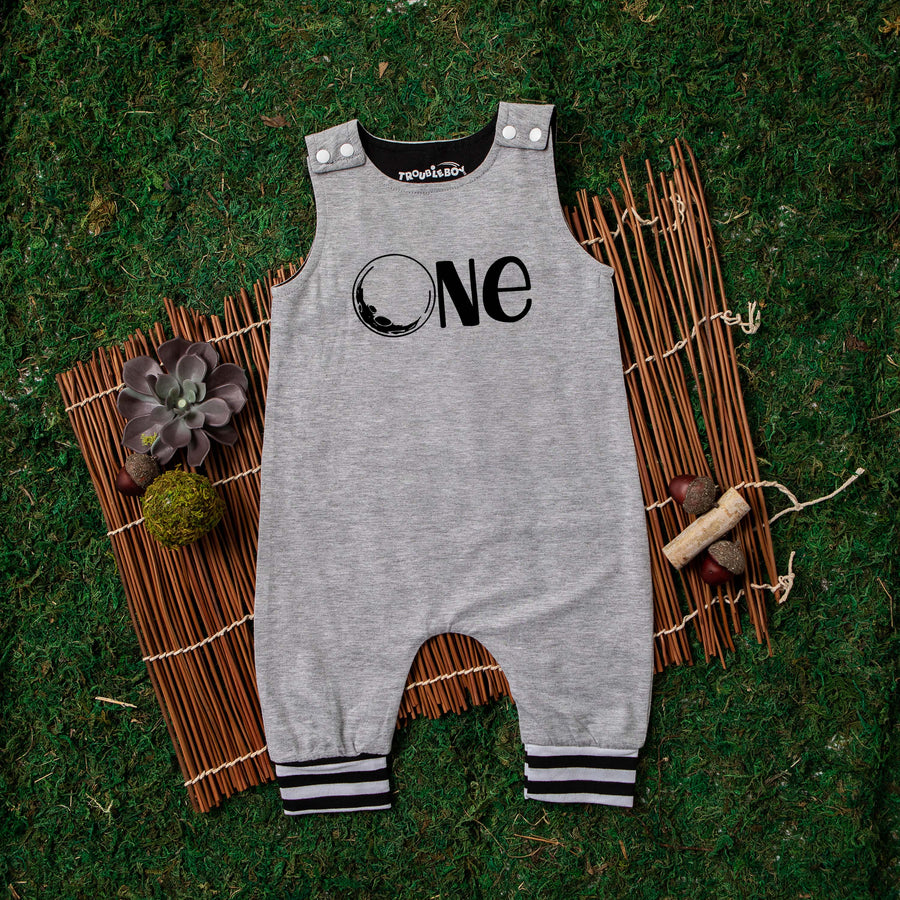 Gray "One" Space Themed First Birthday Romper with Striped Cuff