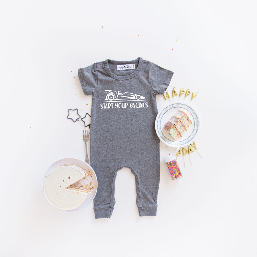 White "Start Your Engines" Slim Fit First Birthday Romper