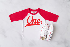 "One" Red Logo 1st Birthday Baseball Raglan