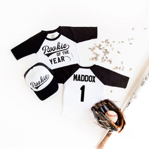 "Rookie of the Year" Baseball First Birthday Raglan with Hat