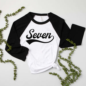 "Seven" 7th Birthday Baseball Raglan