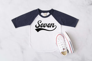 "Seven" 7th Birthday Baseball Raglan