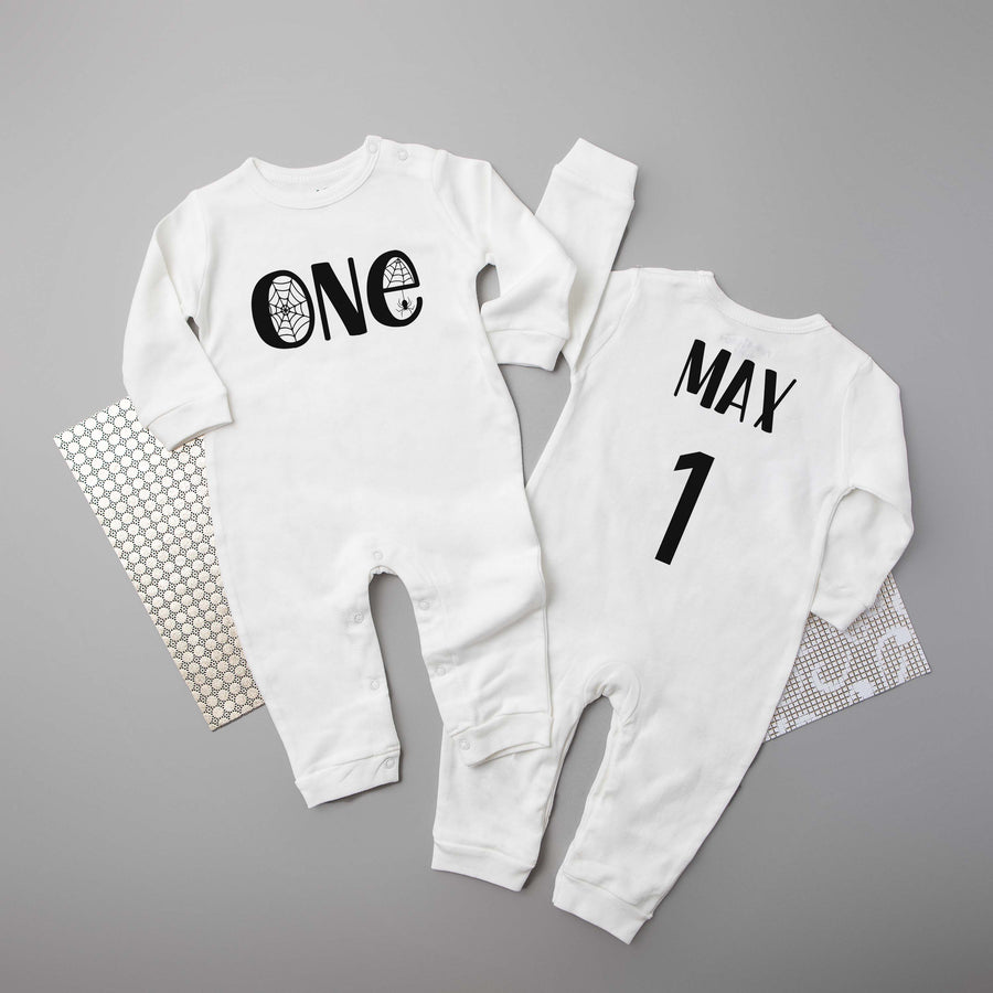 "One" Spiderweb Halloween Themed Long-sleeved 1st Birthday Romper